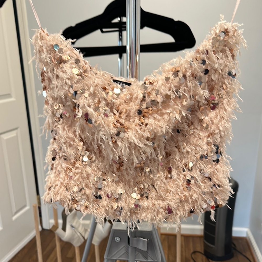 Sequin Embellished Fuzzy Crop Top